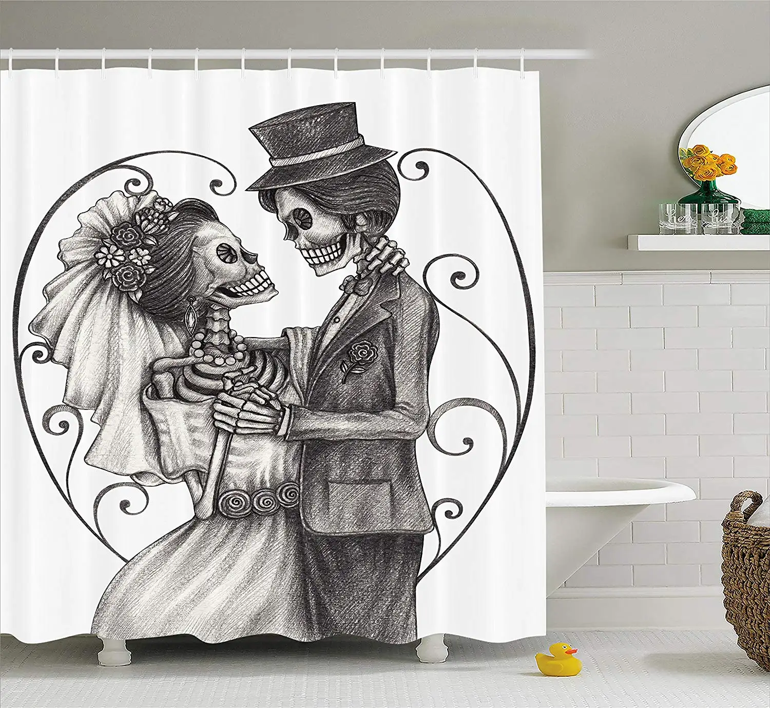 

Love Skull Skeleton Marriage Eterna Love Spanish Festive Print Fabric Bathroom Decor Set Dimgrey White