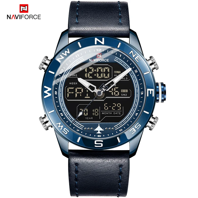 Blue NAVIFORCE 9144 модные золотые мужские спортивные часы мужские s светодиодный аналоговые цифровые часы армейские военные кожаные кварцевые часы Relogio Masculino - Цвет: Blue