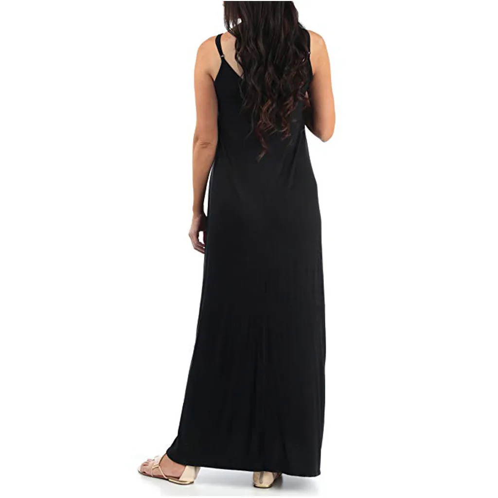 Женское длинное платье без рукавов однотонное с v образным вырезом для