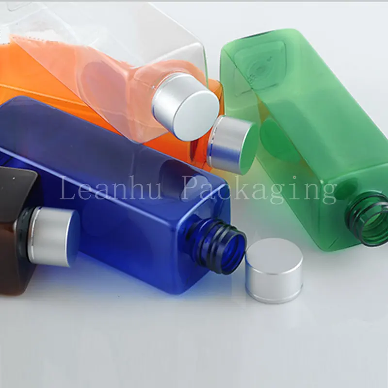 

250ml X 28 square empty cosmetic lotion bottle with silver screw lid , colored PET cosmetics packaging container 250cc plastic