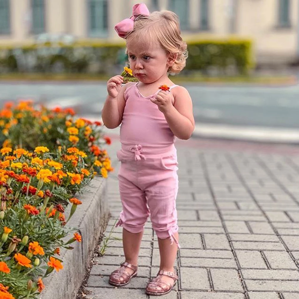 Летняя Новинка для От 1 до 6 лет, милые однотонные комбинезоны с бантом для маленьких девочек длинные штаны комбинезон, боди, комбинезон одежды снаряжение, повседневные шорты