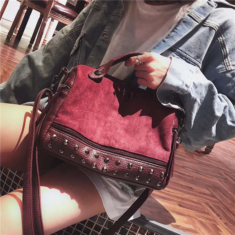 

Matte Leather Top Handle Boston Bag with Rivets Original Design Lady Shoulder Bag Winter and Autumn Fashion Boston Tote Bag