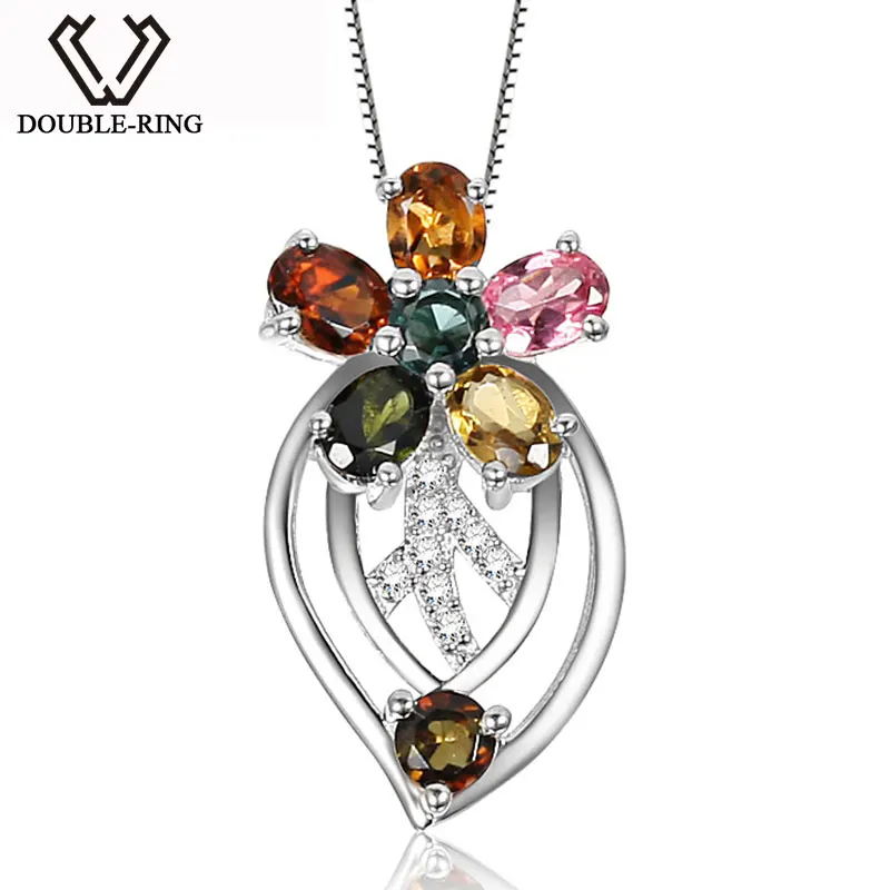 

DOUBLE-R Natural Tourmaline Flower Necklace & Pendant Women Silver 925 Pendant Fine Jewelry For Female Mother's Gift With Chain