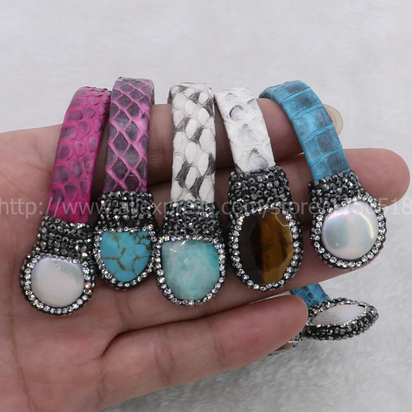 Браслет из настоящей змеиной кожи регулируемый браслет натуральной с жемчугом и