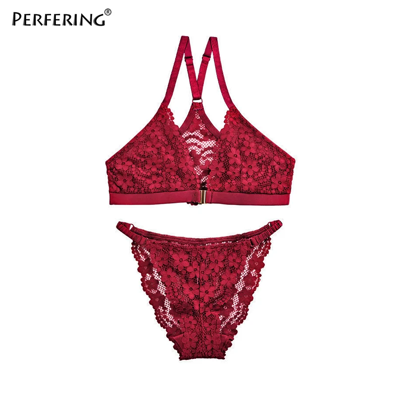 WIND RED Perfering, сексуальный комплект с бюстгальтером, бюстгальтер с застежкой спереди и трусики для женщин, нижнее белье, бюстгальтер без косточек, глубокий v-образный вырез, кружевное белье, ультратонкое - Цвет: WIND RED
