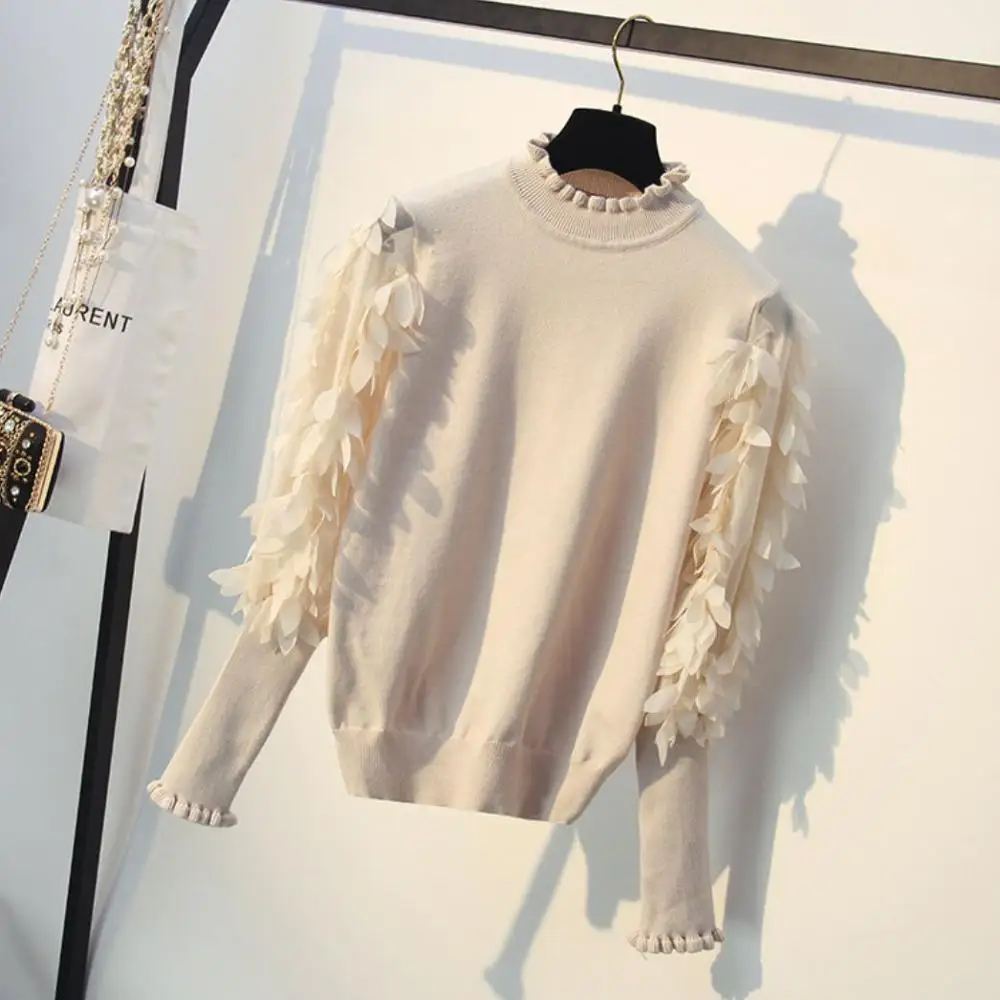 Half-high collar Sweater Women's Head Loose Autumn And Winter Mesh Leaf Mosaic Lantern Sleeve B ottoming | Женская одежда