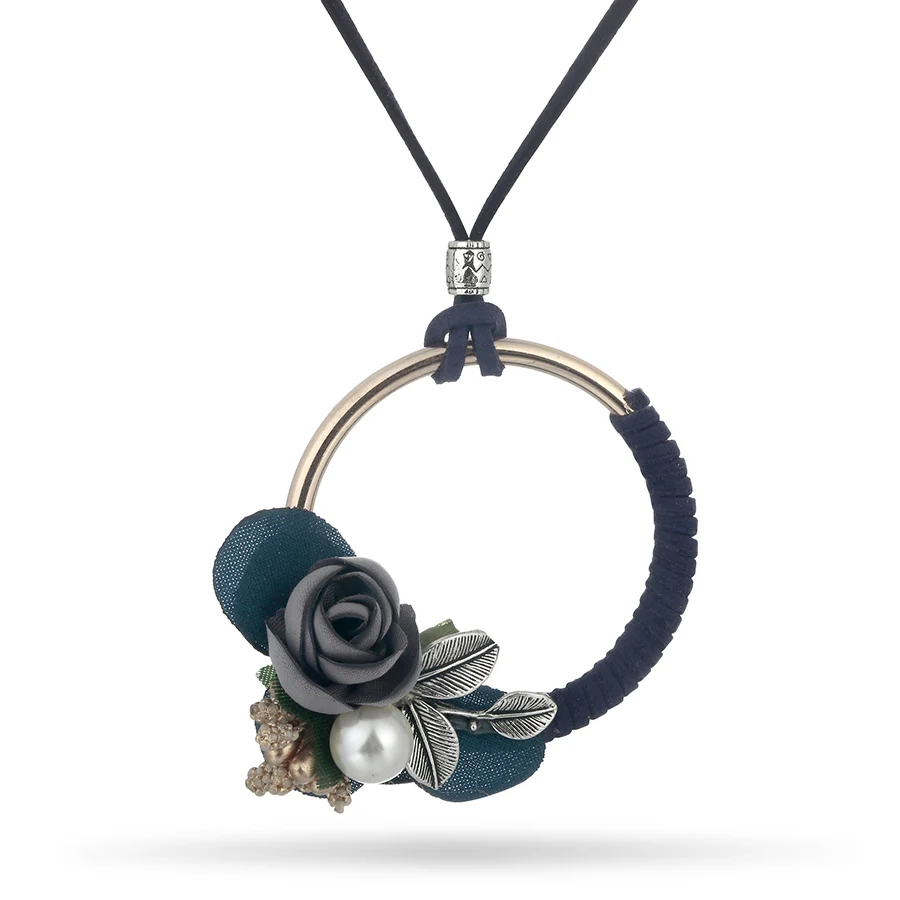 Navy Blue RAVIMOUR Длинная кожаная цепочка в стиле стимпанк колье подвески для женщин модные ювелирные изделия этнические цветы имитация жемчуга Colar Новинка - Окраска металла: Navy Blue