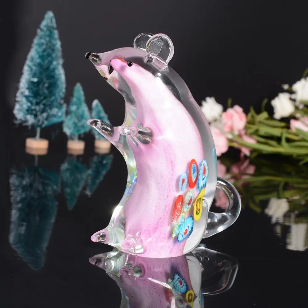 

Cute Pink Glass Flower Mouse Crystal Animal Home Decoration Accessories For Living Room Ornaments Modern Wedding Decor