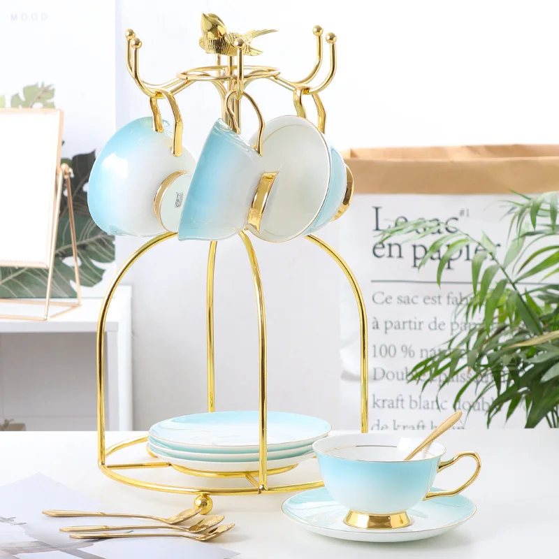 4Cups n Birdcage Костяного фарфора чайная чашка ложка для блюдца набор 200 мл градиентная синяя кофейная чашка Золотой фарфор керамический чайный набор чайная чашка кафе кофейная чашка - Цвет: 4Cups n Birdcage