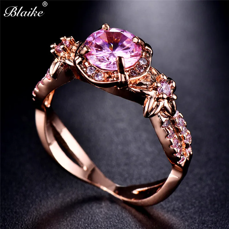 Blaike Boutique Pink Zircon Female Rose Gold Filled Xmas Present Flower Rings for Women Wedding Jewelry Engagement Ring | Украшения и