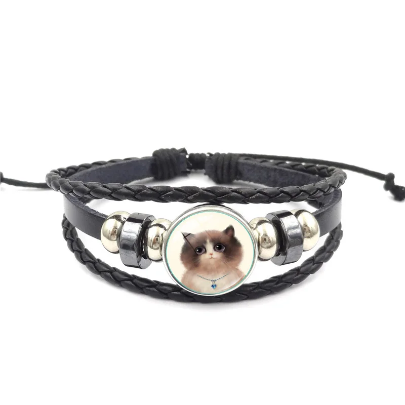 XUSHUI XJ Fashion Cute Cat Charm Bracelets &amp Bangles Glass Cabochon Punk Jewelry Black Multilayer Leather Bracelet Women Men | Украшения