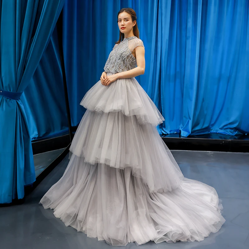 J66701 jancember party dress elegant halter A-line lace up sweep train tiered floor length evening dress вечерние платья 2019