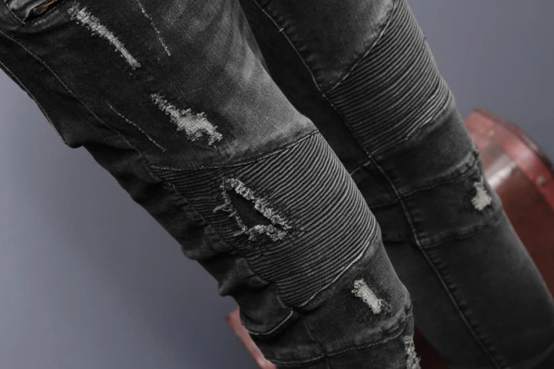 Винтажные, с дырами джинсы Для мужчин Классические Плиссированные Slim Fit джинсовые брюки для байкеров Street Стиль хип-хоп Жан женский джинсовый комбинезон мужской