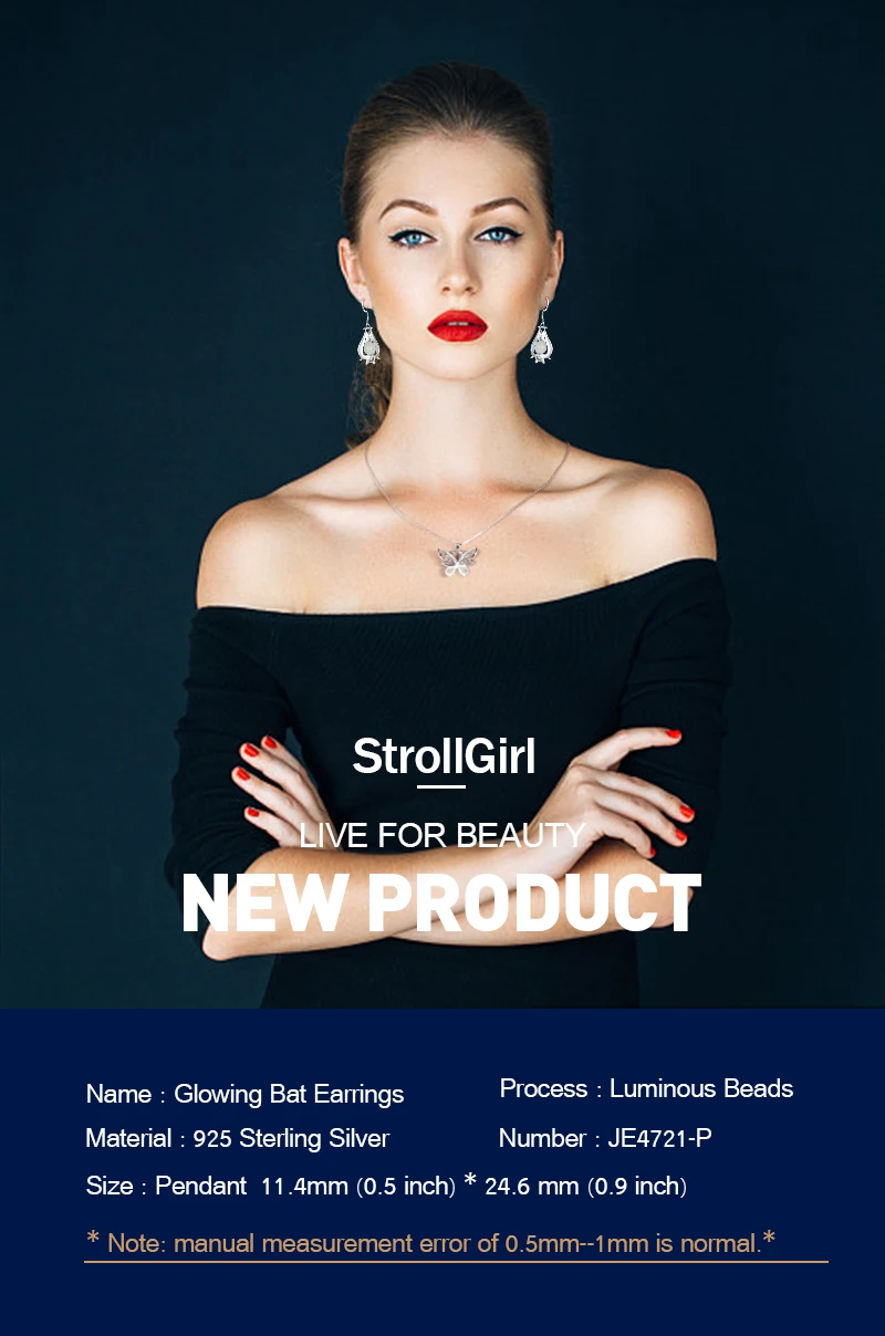 Strollgirl,, 925 пробы, серебряные серьги, летучая мышь, животные, растущие, висячие серьги для женщин, модное ювелирное изделие, подарок на день Святого Валентина