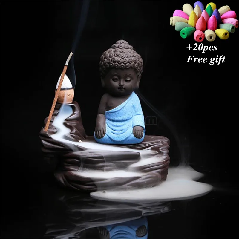 Buddha Blue Керамическая горелка для благовоний с обратным потоком, подставка для ароматических палочек, домашний декор, ароматерапия, курильница Будды+ 20 штук, бесплатные конусы для благовоний - Цвет: Buddha Blue