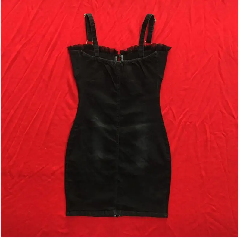 Strap Button Denim 2018 Summer Dress Women Ruffle Tie up Black Dress jeans Streetwear Overalls Female Suspender Jumper Dress