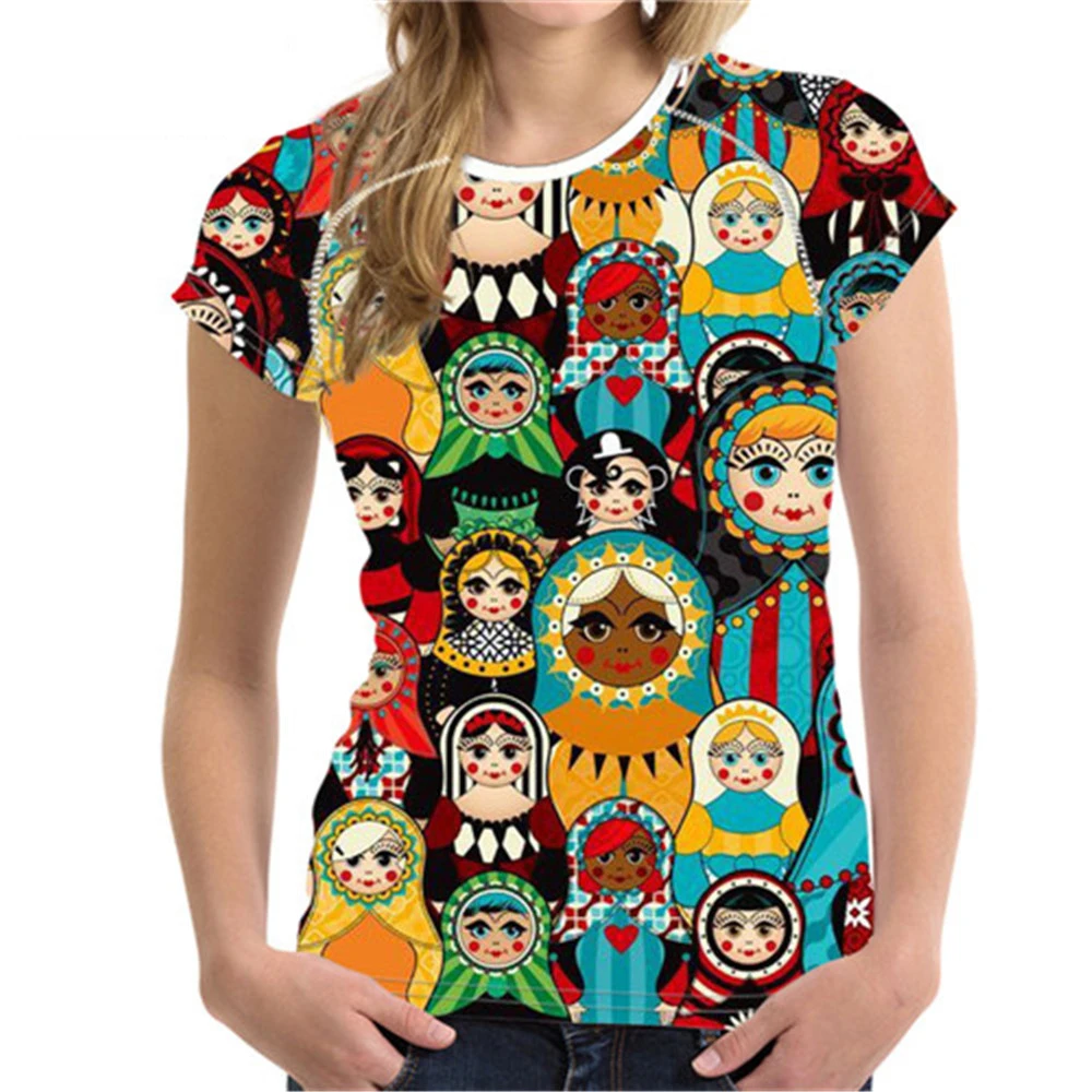Женская футболка с 3D принтом русской матрешки круглым вырезом и коротким