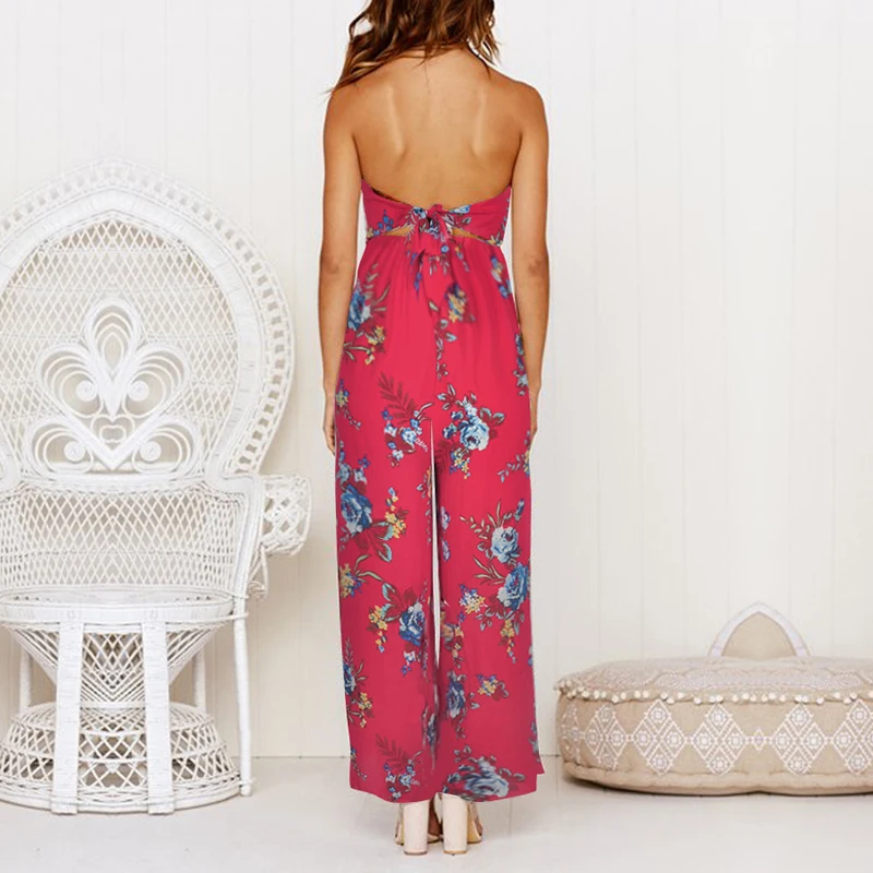 A Forever Spring Summer Women Jumpsuits Bohemian Style Backless Bandage Strapless Print Flare Wide Leg Pants Beach Rompers 1080 | Женская - Фото №1