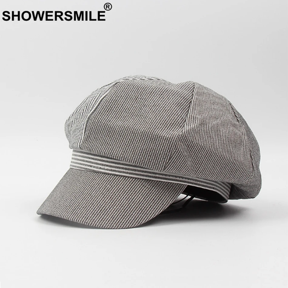 SHOWERSMILE восьмиугольная Женская Полосатая хлопковая кепка Newsboy, женская розовая модная кепка Duckbill, берет, женская летняя шапка для художника