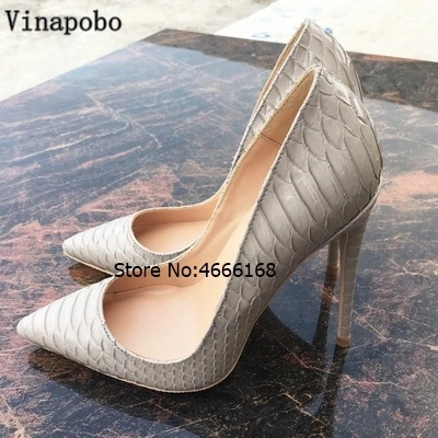 12cm Vinapobo/Женская обувь из натуральной кожи г. весенние туфли-лодочки на высоком каблуке женские свадебные туфли телесного цвета с принтом змеи, большие размеры 43 - Цвет: 12cm