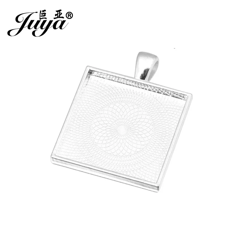 JUYA 10pcs/lot 25mm Square Cabochons Bases Settings Zinc Alloy Pendant Bezel Trays Fit 25mm Glass Cabochon DIY Necklace Making