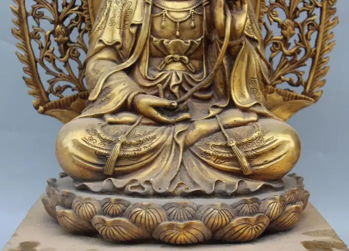 S5357 23&quot Marked Chinese Bronze Gilt Seat Lotus Kwan-yin Bodhisattva Goddess Statue |