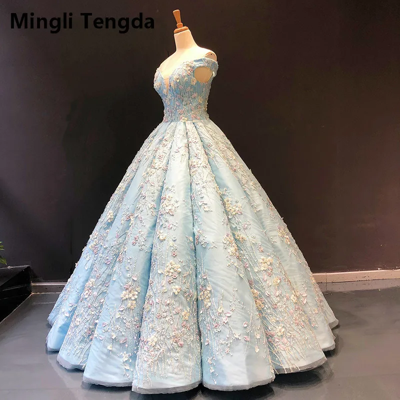same as photo Mingli Tengda Mori, синее Пышное Бальное платье с цветами и жемчужинами, платье с открытыми плечами 16 - Цвет: same as photo