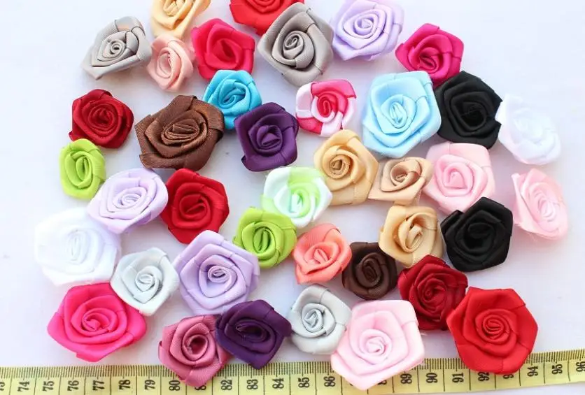 

250pcs Beautiful handmade rolled satin rose rosette flower mixed colors 28mm-40mm