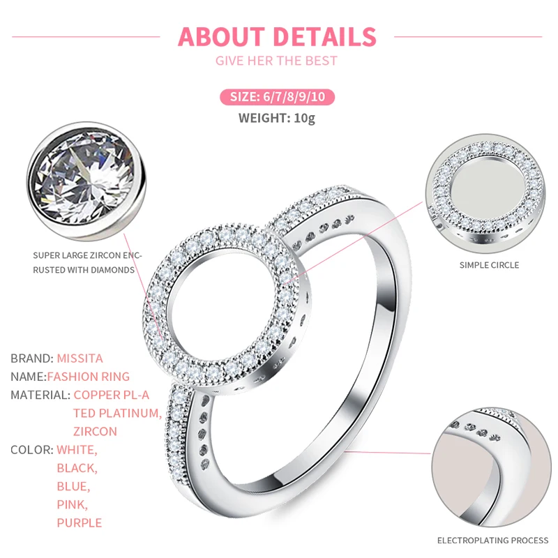 MISSITA New Elegant Circle Round Finger Rings for Women Crystal Lover Wedding Ring Gift Brand Jewelry | Украшения и аксессуары