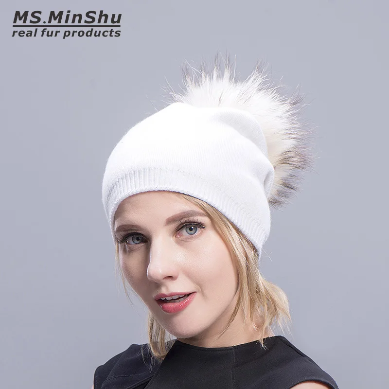 Ms. MinShu, кашемировые шапки для женщин, помпон, шапочки, меховая шапка, женские теплые шапки с натуральным мехом енота, помпон, шапка для взрослых