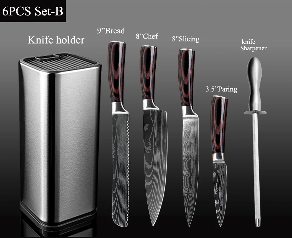 6PCS Set-B XITUO держатель для ножей Кухня из нержавеющей стали набор ножей дамасский узор японский Santoku Кливер обвалки нож для очистки хлеба инструменты - Цвет: 6PCS Set-B