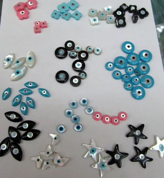 

Red MOP Shell mother of pearl Clove cross hamsa Round Coin Turquoise blue evil eyes black White pink oranger spacer beads 25pcs