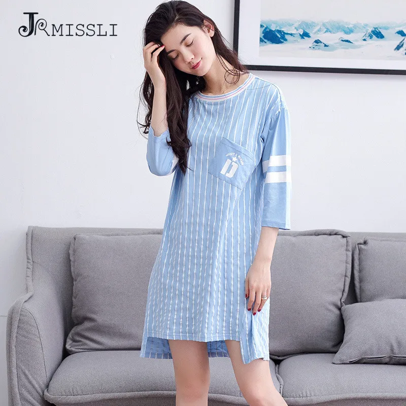 JRMISSLI 2017 Мода Корейский Стиль Лето Три Четверти Синий Полосатый Ночные Сорочки