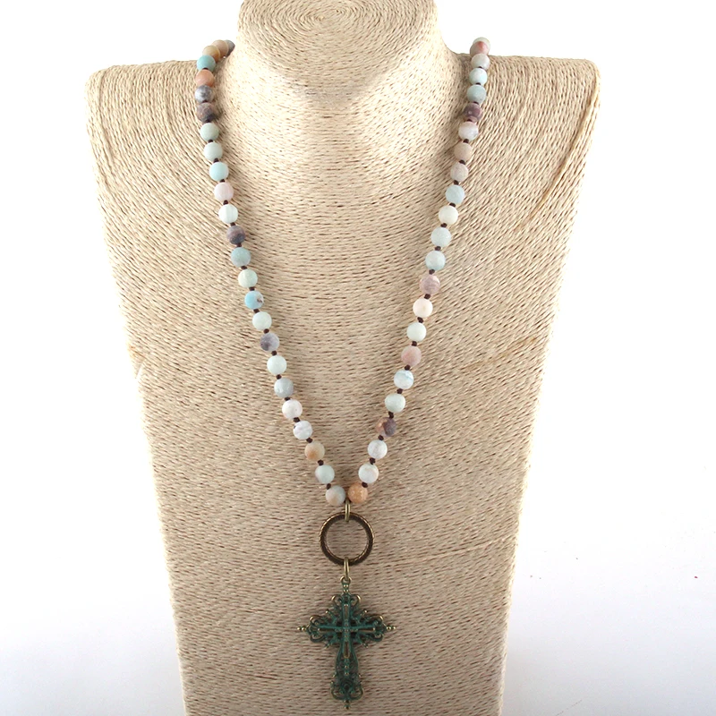 Fashion Bohemian Tribal Jewelry Natural Semi Precious Stones Knotted Metal Cross Necklace | Украшения и аксессуары