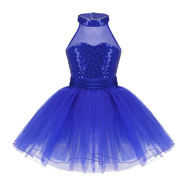 Kids Girls Mock Neck Ballet Dance Dress Gymnastic Leotard Shiny Sequins Sleeveless Mesh Splice Ballet Leotard Flower Girls Dress