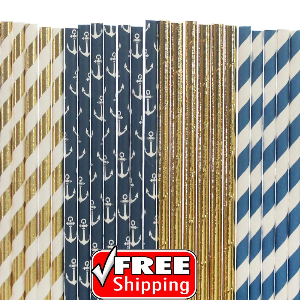

200pcs Mixed 4 Styles Navy Blue Gold Foil Themed Paper Straws-Anchor,Plain,Solid Color,Stripe-Boy Birthday Nautical Party Bulk