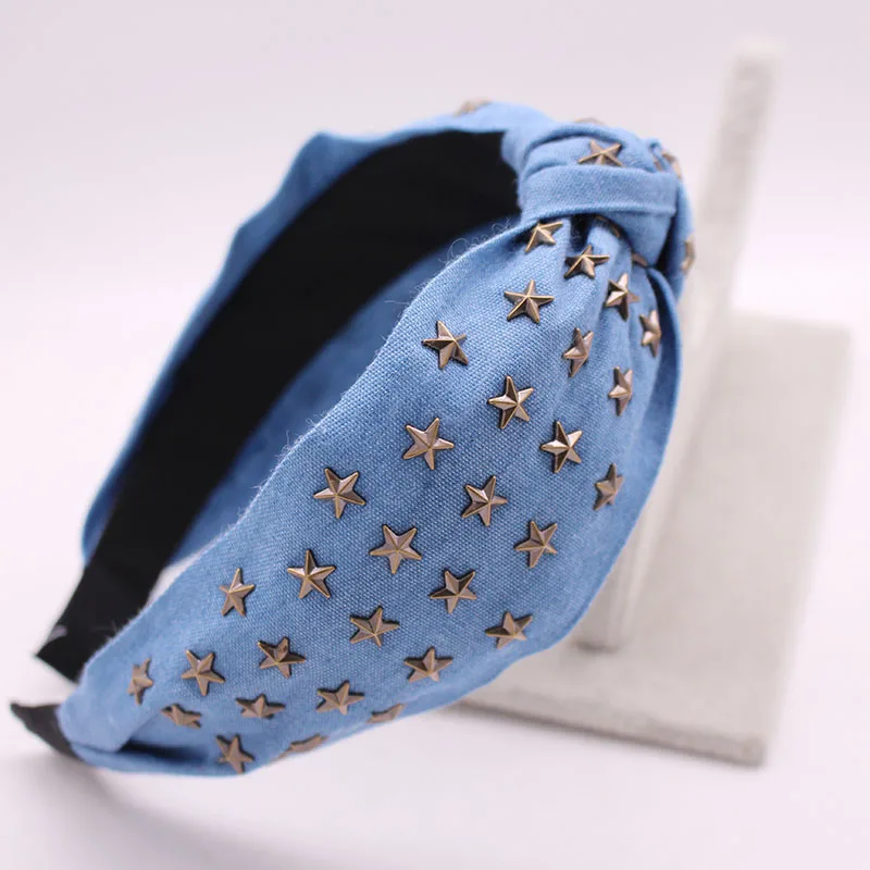 

Bohemian Ethnic Denim Center Knot Hairband Metal Star Stamping Knotted Headband Hair Accessories