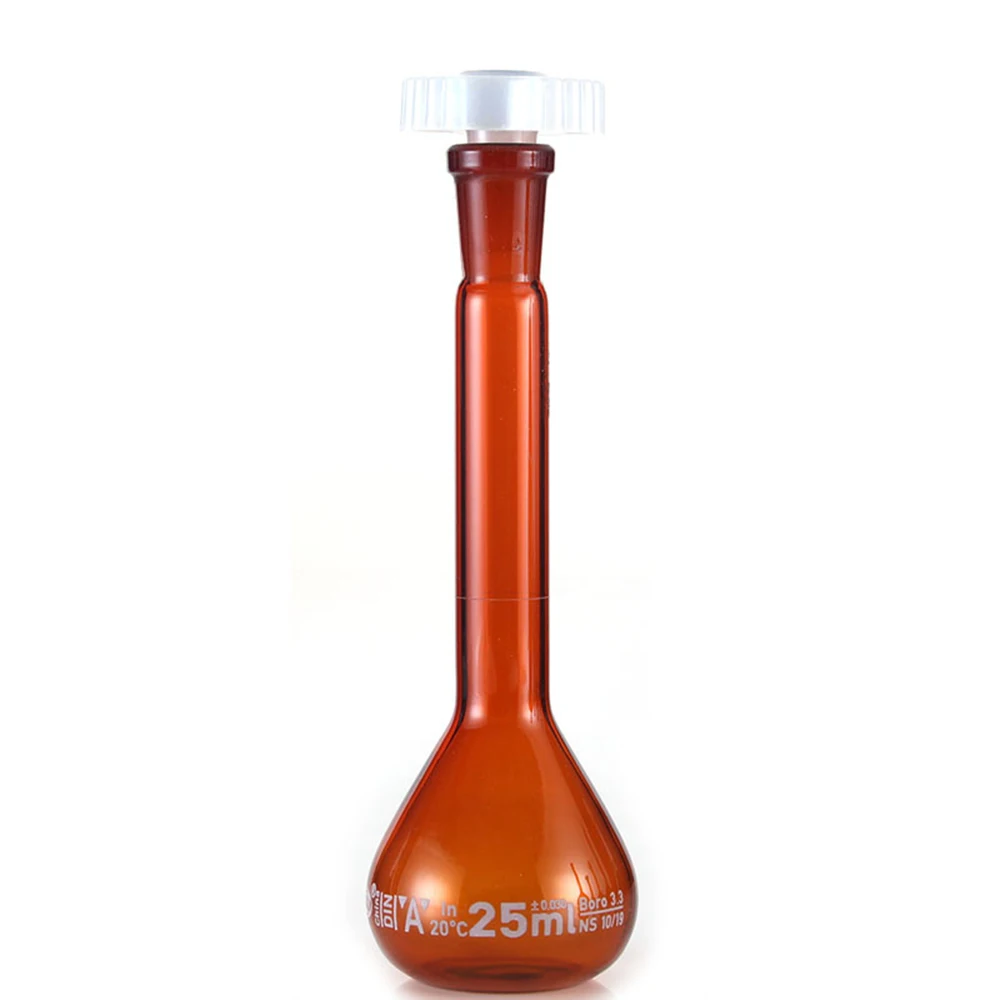

25ml Brown Lab Borosilicate Glass Volumetric Flask with plastic Stopper Office Lab Chemistry Clear Glassware Supply
