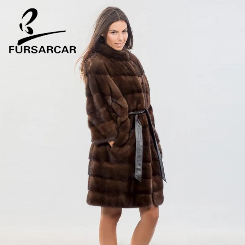 FURSARCAR Высококачественная натуральная норка шуба для женщин 90 см длинная норка шуба с воротником-стойкой женская шуба из натурального меха норки