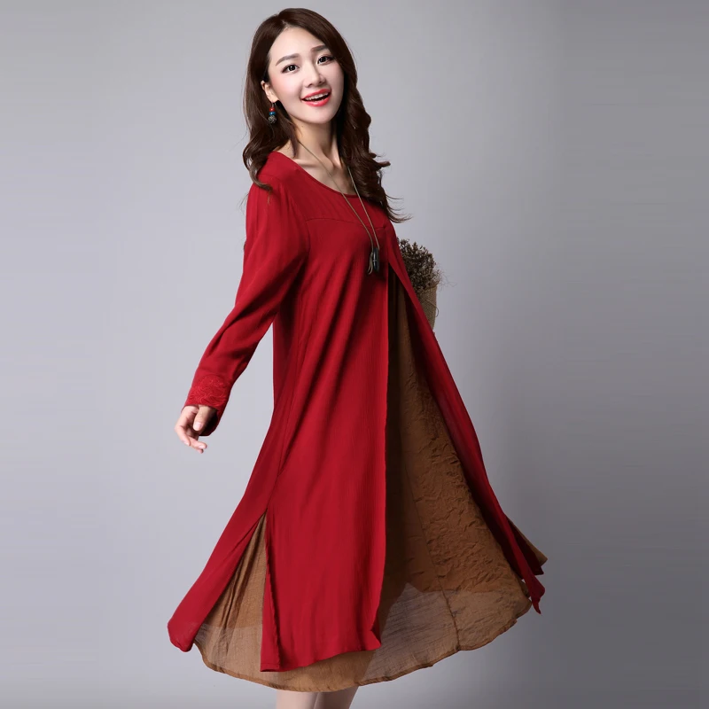 Winter Autumn Dress Long Sleeve Size M~2XL Linen Cotton Vintage Two Piece Solid Color O Neck Maxi Casual | Женская одежда