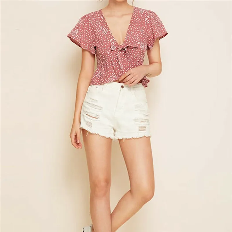 Женская блузка HIRIGIN с рюшами в горошек гофрированным краем бантом спереди и