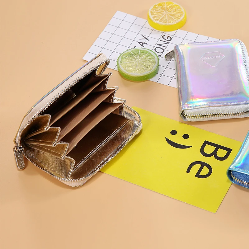 Маленький серебристый кожаный женский кошелек с голограммой органайзер для