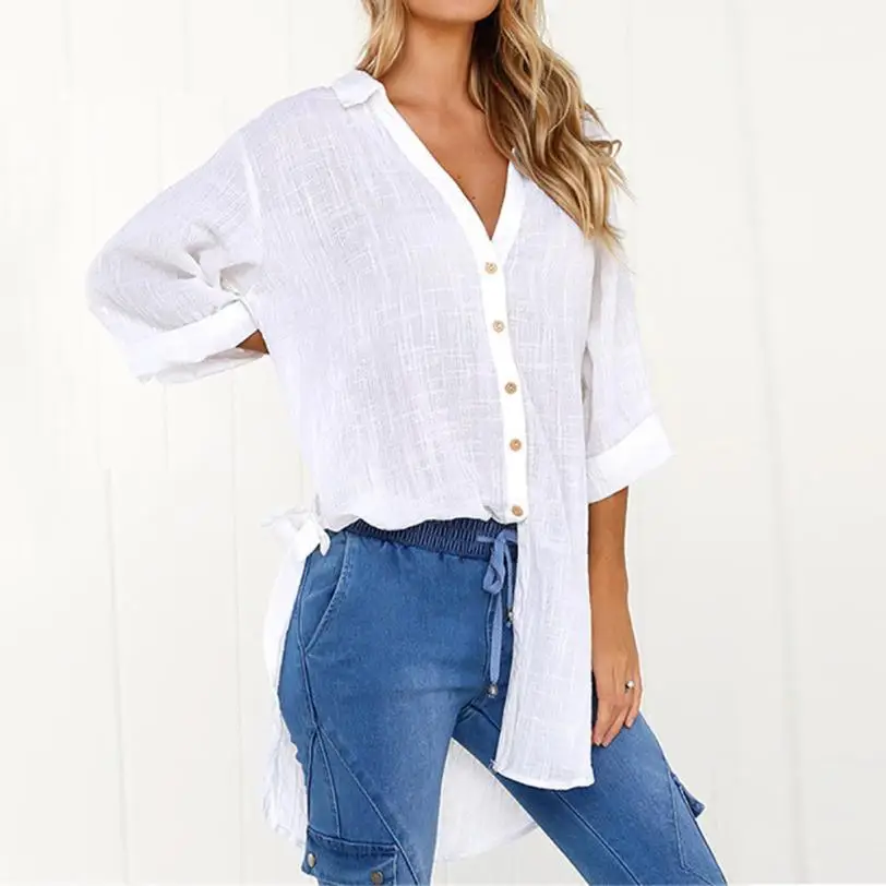 Women's autumn white shirts summer plus size Loose Button Long Shirt Cotton Ladies Tops T-Shirt tops vestidos verano lady Tee #W | Женская