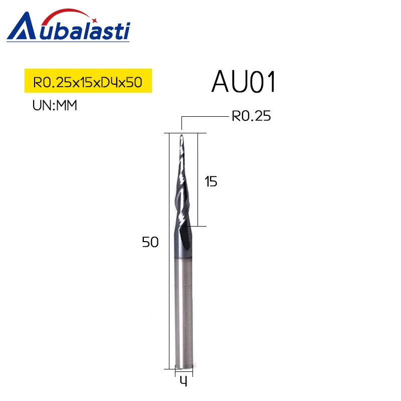 R0.25x15xD4x50 Aubalasti HRC60 коническая сферическая конусная фреза с вольфрамовым твердосплавным покрытием конический фрезерный станок с ЧПУ D4-D10mm гравировальный станок - Длина режущей кромки: R0.25x15xD4x50