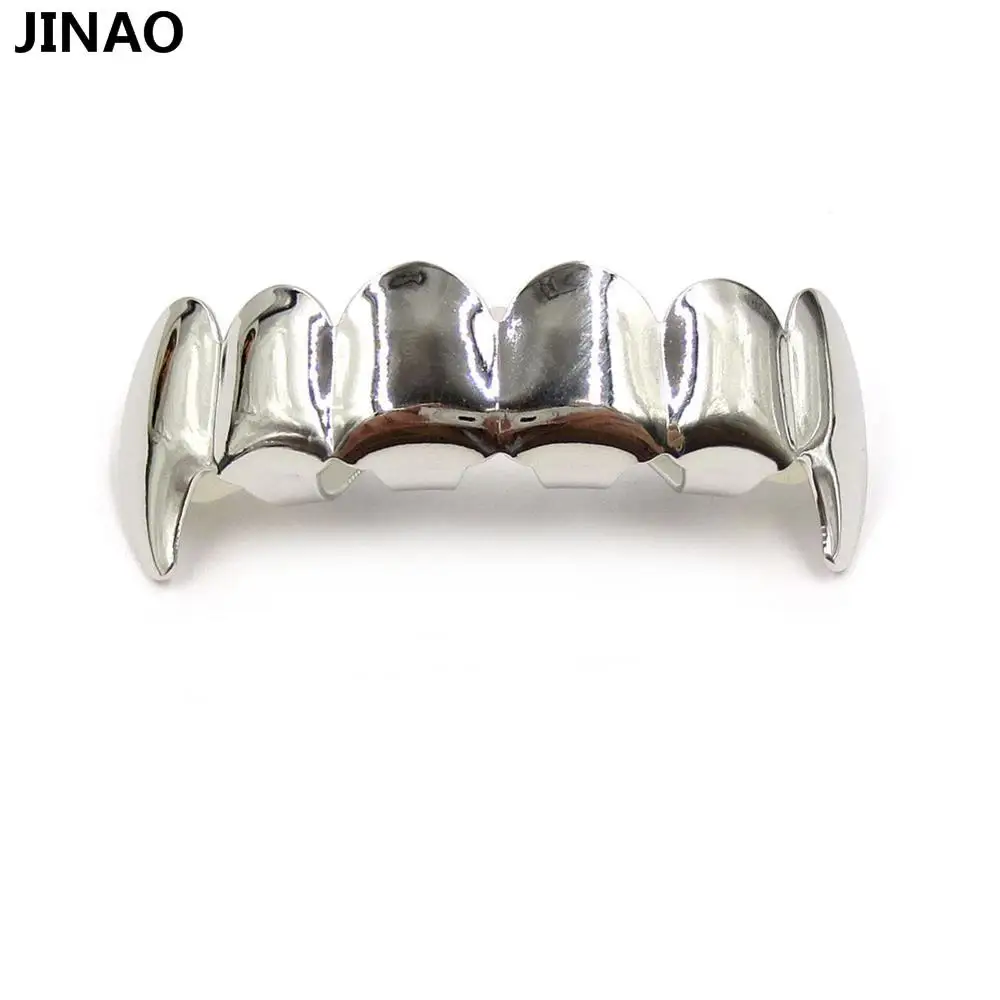 JINAO Настоящее блестящее чистое золото посеребренные хип-хоп ЗУБЫ Grillz Top& Bottom Groll набор с силиконовыми вампирскими зубами грили - Окраска металла: Silver Top