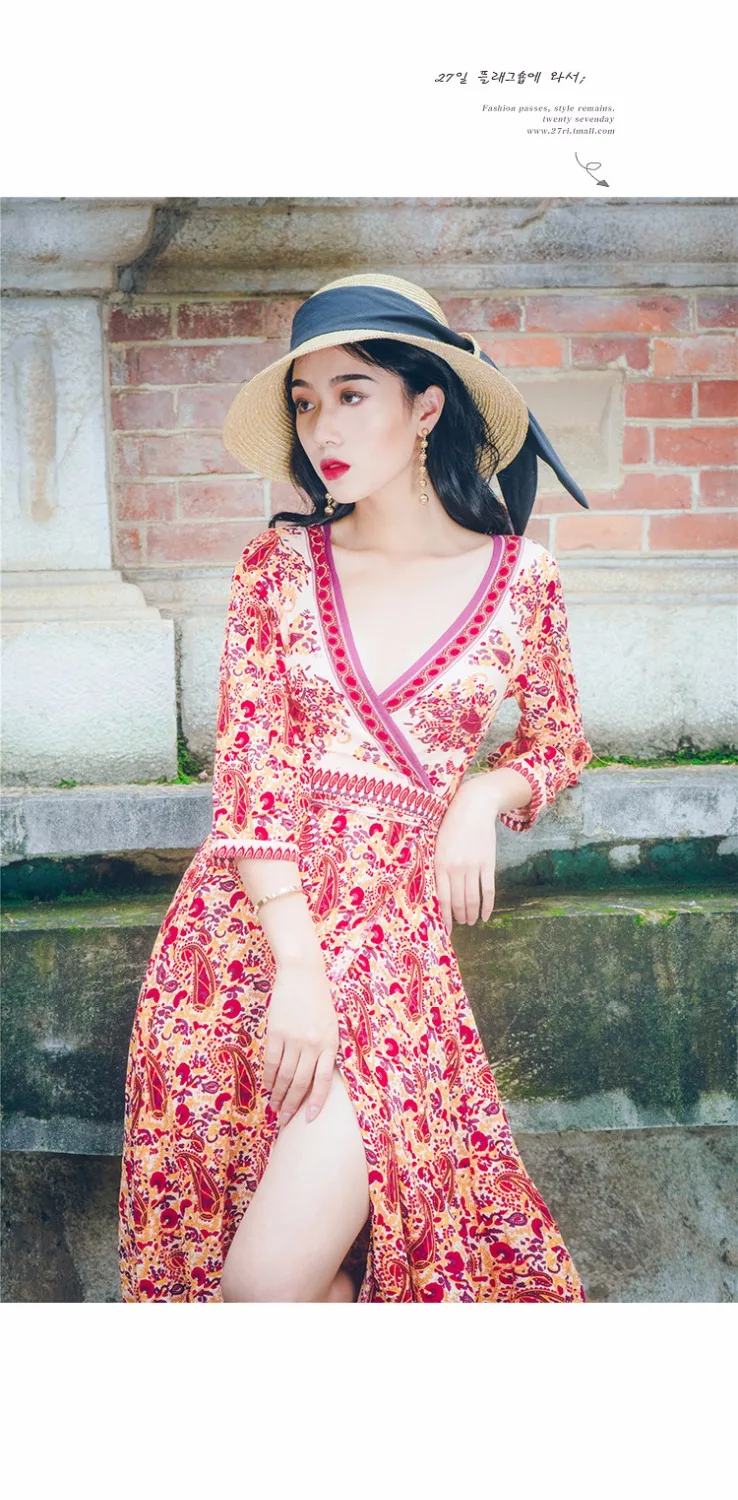 Женское модное платье с v образным вырезом высоким разрезом цветочное богемное