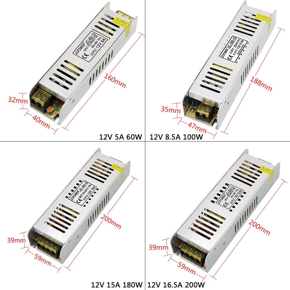 DC12V 5A/8.5A/10A12.5A/15A/16.5A/20A/30A Long-shaped Slim Lighting Transformer LED Strip Light Switching Power Supply