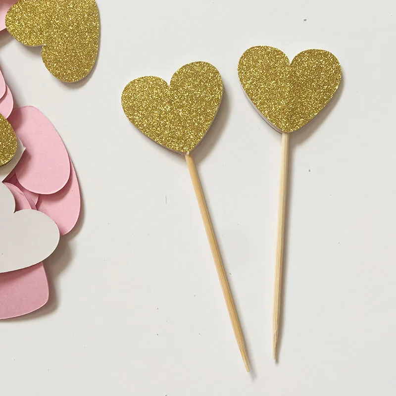 Блестящее золото/розовый двухстороннее сердце 1in Cupcake Wedding Свадебные пищевые палочки Babay душ вечерние сувениры товары для украшения торта