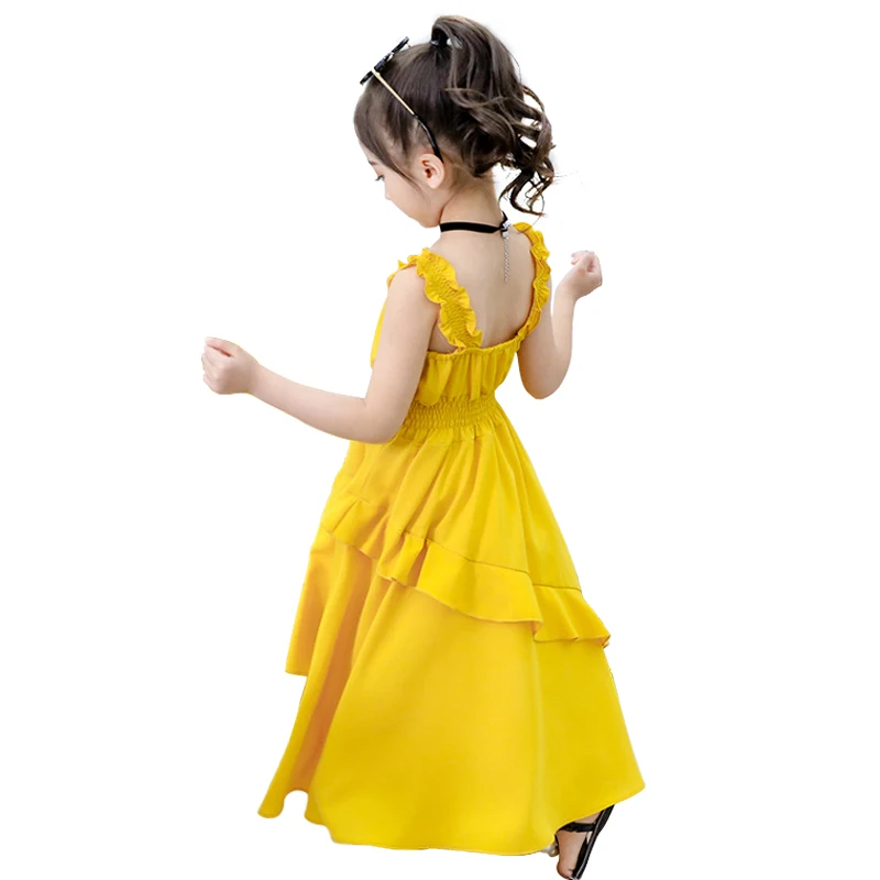 yellow chiffon ruffle backless long-dress age for 4 - 14 yrs teenage girls evening party gowns 2019 new summer sleeveless frocks | Детская