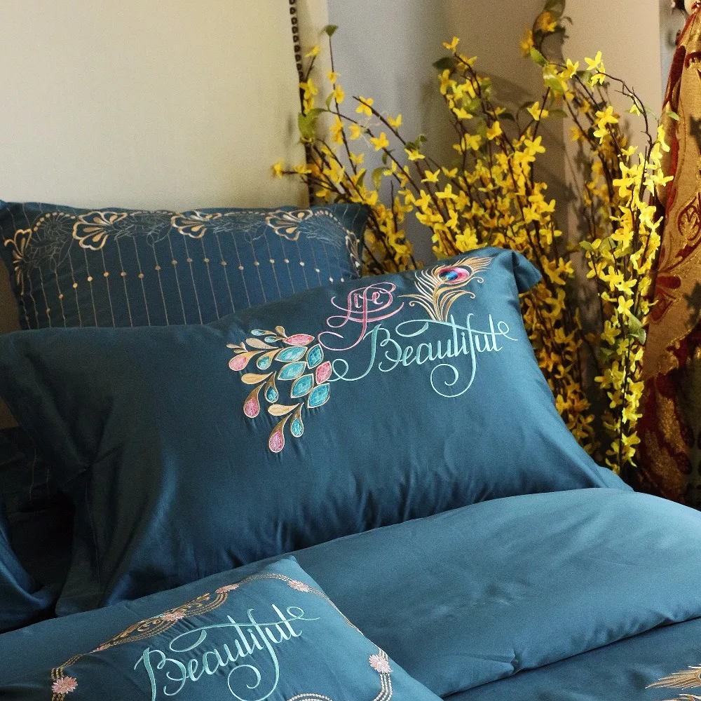 100% хлопок Синий Комплект постельного белья с вышивкой во дворцовом Королевском